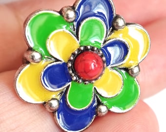 Bague en métal argenté émaillé kabyle- amazigh- berbère - Taille ajustable