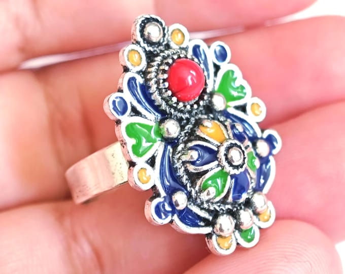 Bague en métal argenté émaillé kabyle- amazigh- berbère - Taille ajustable