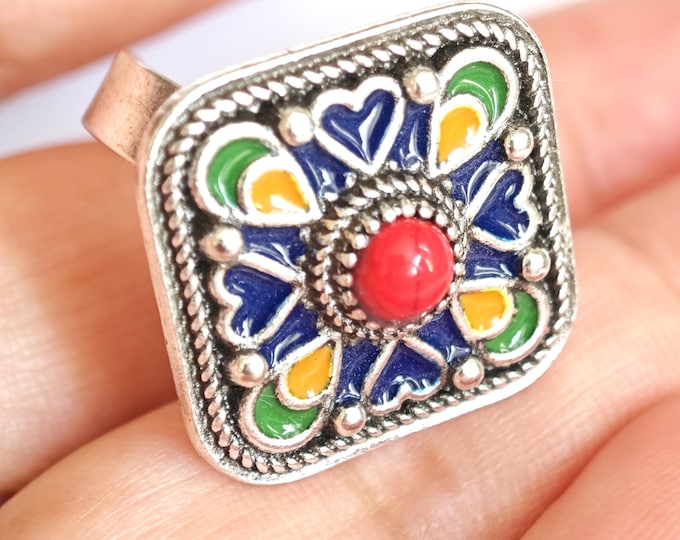 Bague en métal argenté émaillé kabyle- amazigh- berbère - Taille ajustable