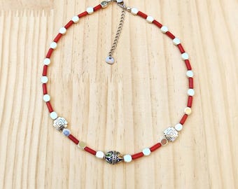 Ras-de-cou collier Kabyle Moderne – Perle centrale ronde émaillée kabyle & véritable corail | Environs 43 cm. Fait main