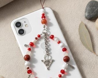 Bijou de téléphone inspiration amazigh berbère - Bracelet de téléphone kabyle – Rouge et Blanc avec fibule argentée