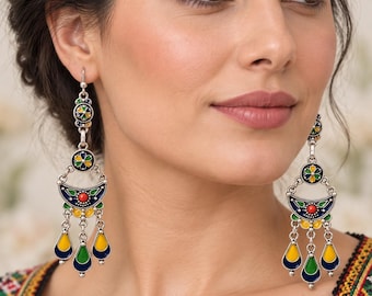 Boucles d'oreilles femme- inspiration bijou amazigh kabyle berbère traditionnel– boucles ethniques en métal argenté émaillé