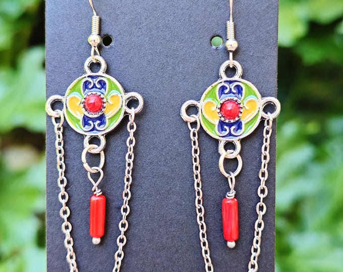 Magnifiques boucles d'oreilles kabyles métal argenté émaillé – amazigh, berbère -  bohèmes - ethnique- bijoux boho. Fait main