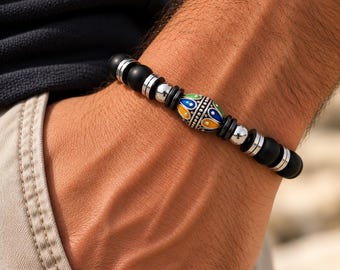 Bracelet kabyle homme en pierre de lave noire, perle émaillée, élastique sur mesure, seul ou en duo