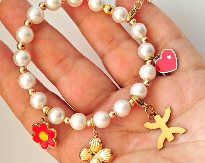 Bracelet Personnalisé élastique avec pampilles Acier Inoxydable et perles fantaisie Blanches –Bracelet Personnalisé - Cadeau personnalisé