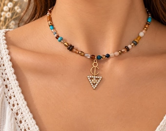 Collier amazigh berbère femme acier inoxydable et pierres zircon- Tout plaqué or 18K pour le doré et plaqué Rhodium pour l'argenté