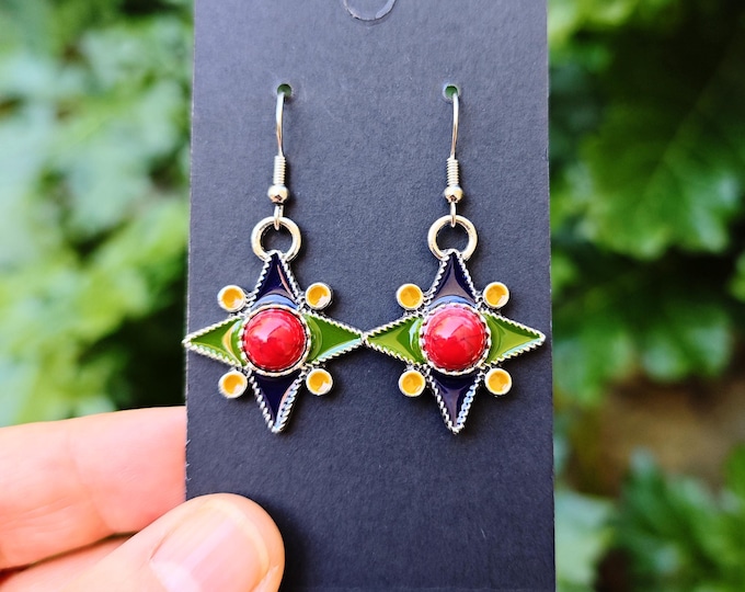 Magnifiques boucles d'oreilles kabyles métal argenté émaillé – amazigh, berbère -  bohèmes - ethnique- bijoux boho. Fait main