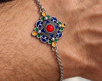 Bracelet kabyle homme, pendentif émaillé en métal argenté et chaîne inox, 21 cm + 4 cm