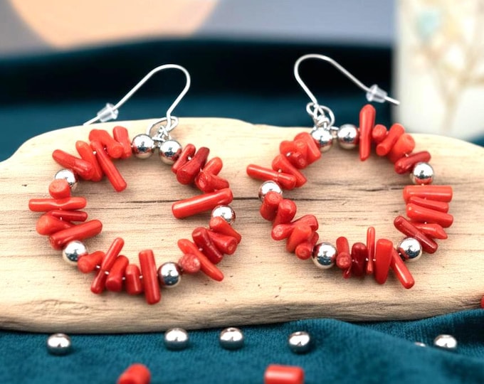 Boucles d'oreilles corail et acier inoxydable- inspiration amazigh berbère femme - boucles d'oreilles berbère- ethnique- bijoux amazighs.
