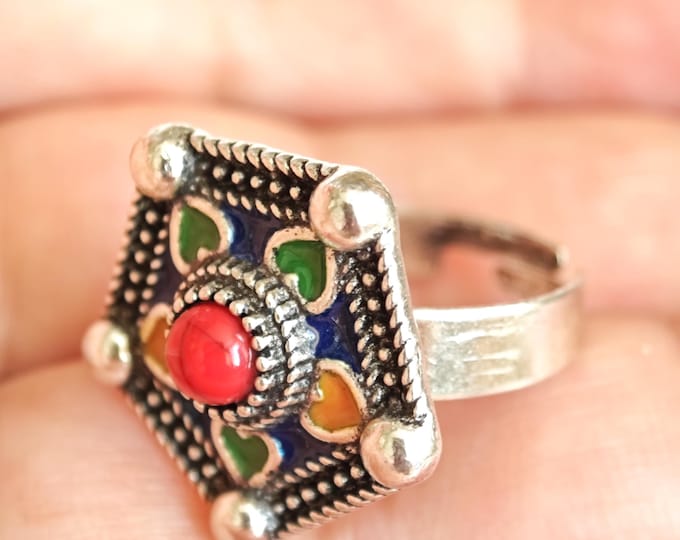 Bague en métal argenté émaillé kabyle- amazigh- berbère - Taille ajustable