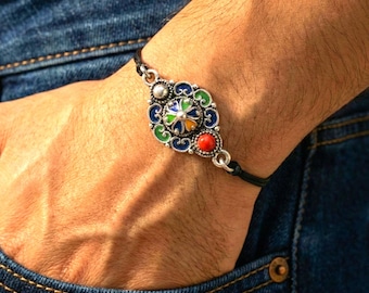 Bracelet kabyle métal argenté émaillé homme– Magnifique cordon ciré - bijou kabyle - bijou amazigh - bijou berbère ethnique