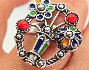 Bague kabyle en métal argenté émaillé- amazigh- berbère - Taille ajustable