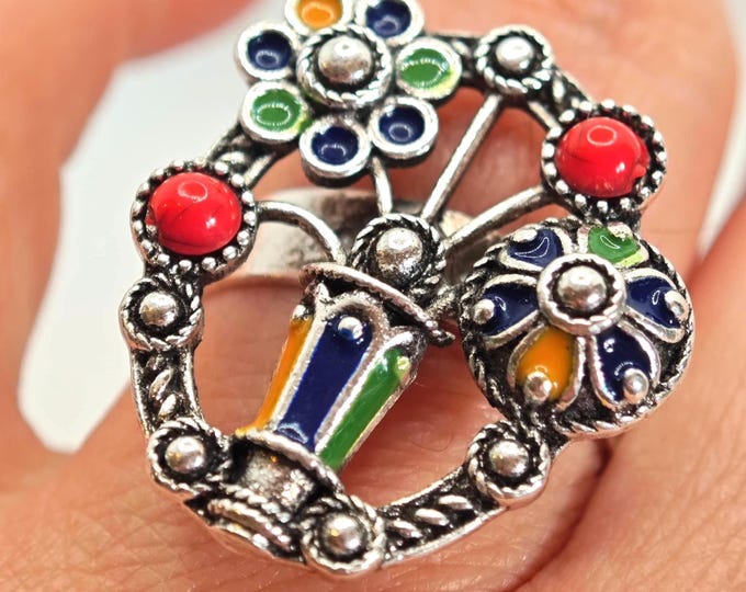 Bague kabyle en métal argenté émaillé- amazigh- berbère - Taille ajustable