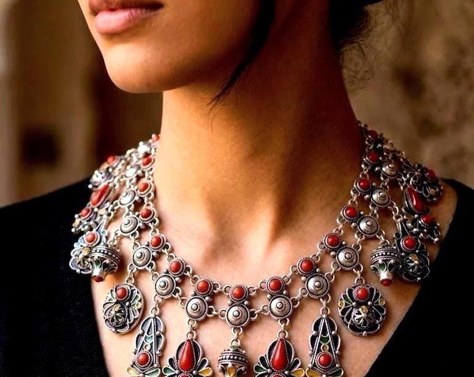 Collier kabyle femme- amazigh kabyle berbère en métal argenté–  ethnique