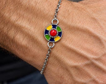 Bracelet kabyle homme, pendentif en métal argenté émaillé et chaîne en acier inoxydable, 21 + 4 cm