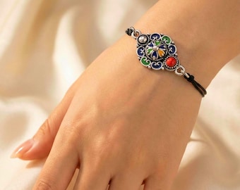 Bracelet kabyle métal argenté émaillé femme et homme– Magnifique cordon ciré - bijou kabyle - bijou amazigh - bijou berbère ethnique