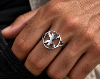 Bague amazigh homme Yaz ⵣ en acier inoxydable, style berbère, finition dorée ou argentée