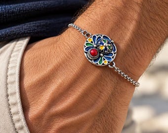 Bracelet kabyle homme, pendentif émaillé en métal argenté et chaîne inox, 18 cm + 5 cm