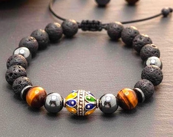 Bracelet amazigh homme - perle émaillée kabyle – bracelet berbère- bracelet ethnique - De qualité acier inoxydable avec pierres naturelles