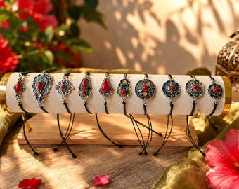 Bracelet kabyle homme sur cordon réglable, motif en métal argenté émaillé, modèles au choix