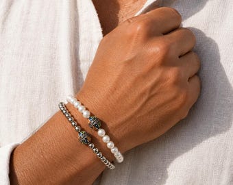Bracelet kabyle homme, perle émaillée et perles en inox ou coquillage, sur mesure, seul ou duo