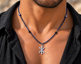 Collier amazigh homme tressé à la main, pendentif Yaz ⵣ en acier inoxydable, pierres noires et perles de verre, 50 cm