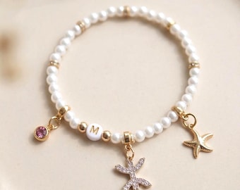 Bracelet Personnalisé élastique avec lettre personnalisée et pampilles Acier Inoxydable et perles fantaisie Blanches –Bracelet Personnalisé