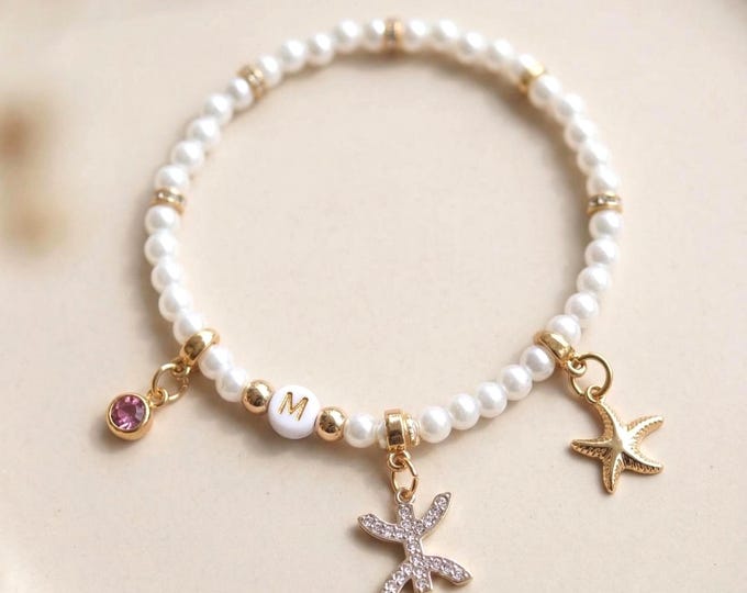 Bracelet Personnalisé élastique avec lettre personnalisée et pampilles Acier Inoxydable et perles fantaisie Blanches –Bracelet Personnalisé