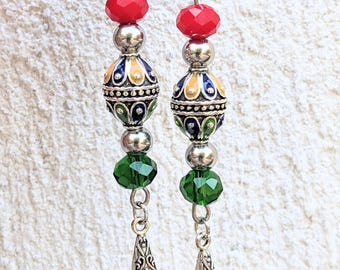 Boucles d'oreilles kabyles acier et Émail avec magnifiques perles en verre Fait Main à Marseille, amazigh, berbère - bohèmes - ethnique boho