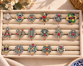 Bague en métal argenté émaillé kabyle- amazigh- berbère - Taille ajustable
