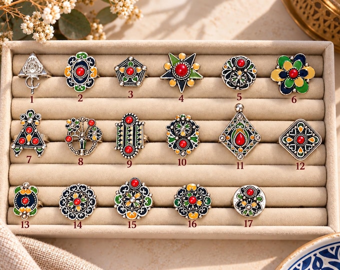 Bague en métal argenté émaillé kabyle- amazigh- berbère - Taille ajustable