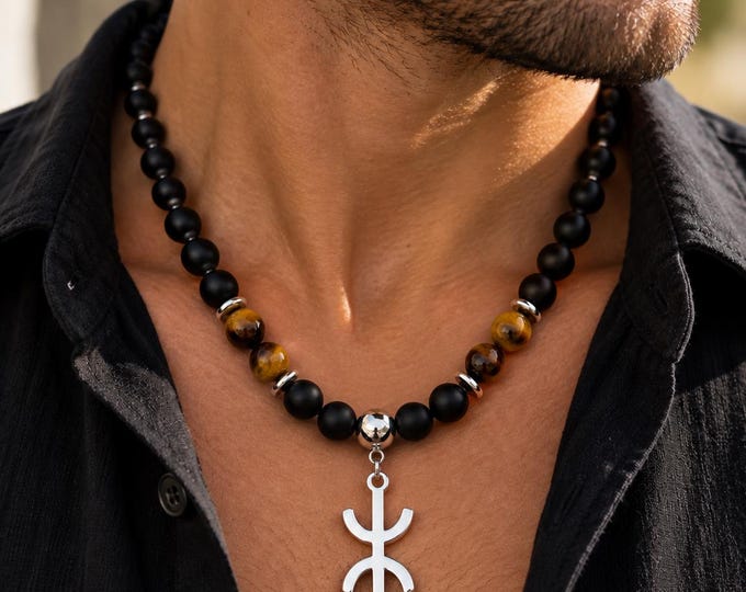 Collier amazigh berbère homme entièrement perles naturelles (pierres volcaniques noires et oeil du tigre) - ⵣ amazigh – collier berbère