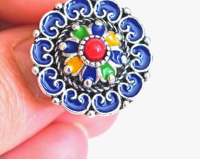Bague en métal argenté émaillé kabyle- amazigh- berbère - Taille ajustable