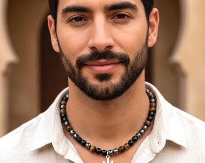 Collier amazigh berbère homme avec perles naturelles oeil du tigre- avec le signe ⵣ amazigh – collier berbère- collier ethnique
