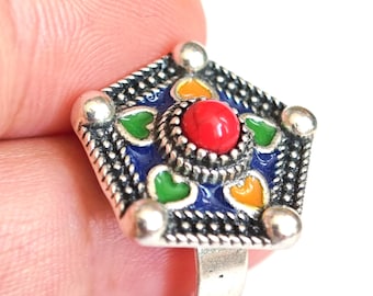 Bague en métal argenté émaillé kabyle- amazigh- berbère - Taille ajustable