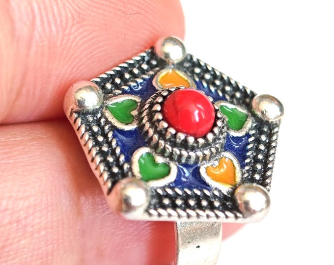 Bague en métal argenté émaillé kabyle- amazigh- berbère - Taille ajustable