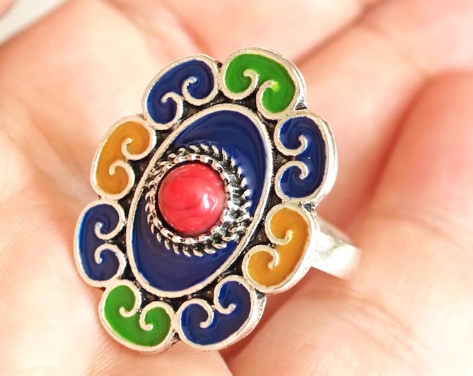 Bague en métal argenté émaillé kabyle- amazigh- berbère - Taille ajustable