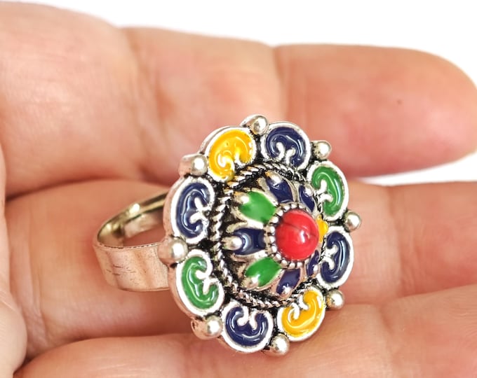 Bague en métal argenté émaillé kabyle- amazigh- berbère - Taille ajustable