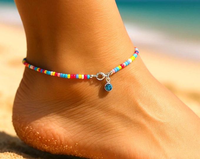 Bracelet de Cheville Bonbons en Rocaille – Pierre de Naissance en Acier Inoxydable- Fermoir argenté - Chaîne colorée - Bohème - Bijoux plage