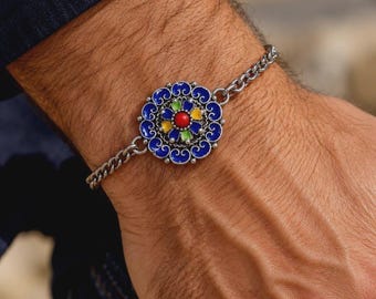 Bracelet kabyle homme, pendentif émaillé en métal argenté et chaîne inox, 18 cm + 3 cm