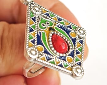 Bague en métal argenté émaillé kabyle- amazigh- berbère - Taille ajustable
