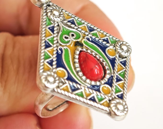 Bague en métal argenté émaillé kabyle- amazigh- berbère - Taille ajustable