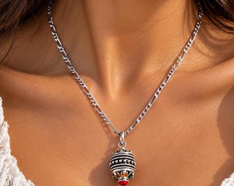Bijou kabyle - amazigh – chaîne en acier inoxydable et pendentif en métal argenté émaillé - bijou berbère- bijou ethnique- Bijou kabyle