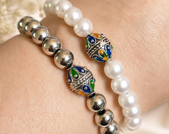 Bracelet perle kabyle émaillée | Perles blanches ou acier inoxydable | Bracelet élastique artisanal | Mixte | Duo disponible