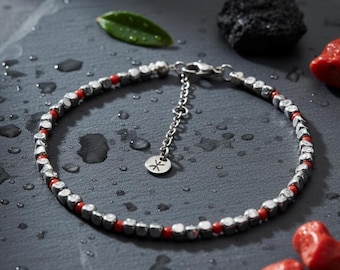 Bracelet perles de corail véritable & hématites argentées – Fin, élégant et FAIT MAIN dans le sud de la France