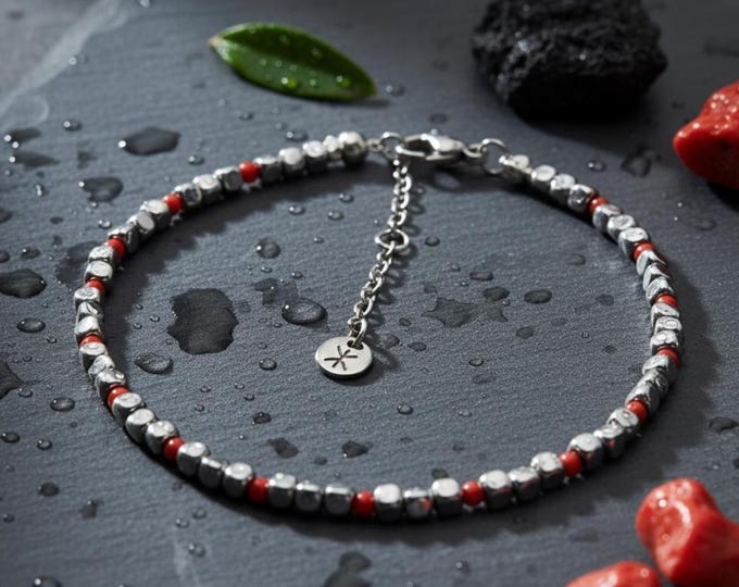 Bracelet perles de corail véritable & hématites argentées – Fin, élégant et FAIT MAIN dans le sud de la France