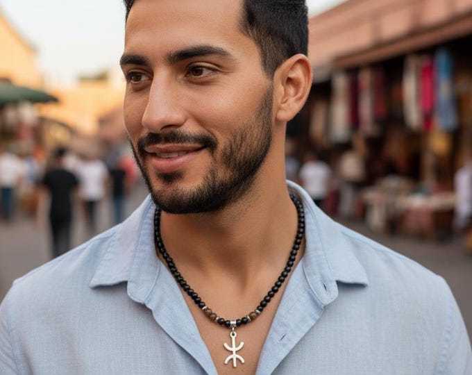 Collier amazigh berbère homme avec perles naturelles oeil du tigre- avec le signe ⵣ amazigh – collier berbère- collier ethnique