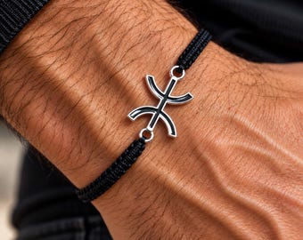 Bracelet amazigh homme cœur et Yaz ⵣ gravé, acier inoxydable argenté et noir, chaîne ou cordon