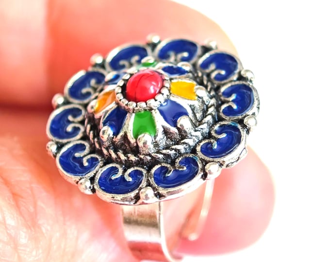 Bague en métal argenté émaillé kabyle- amazigh- berbère - Taille ajustable