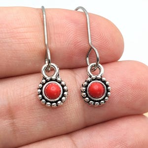 Puede incluir: Un par de pendientes plateados con una pequeña piedra roja brillante y redonda en el centro. Los pendientes tienen un borde con cuentas y un cierre de gancho sencillo. Los pendientes se muestran sobre un fondo claro.